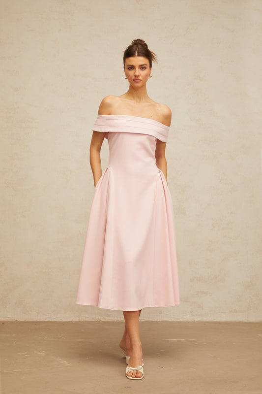 Zélie Pink Off-Shoulder Pleated Midi Dress with Flared Skirt