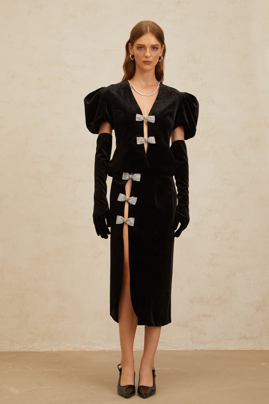 Adèle Black Bowknot Cut-Out Velvet Top and Midi Skirt Set