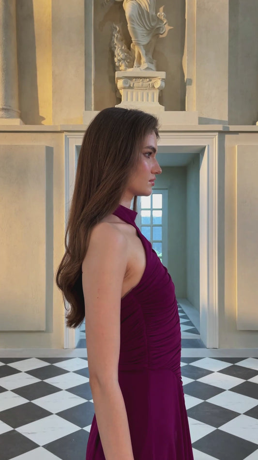 Kerstin Purple Ruched Halter Maxi Dress with Flared Chiffon Skirt