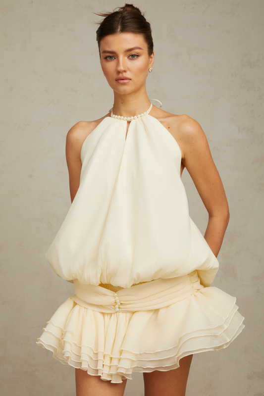 Bérénice White Halterneck Faux-Pearl Tiered Mini Dress