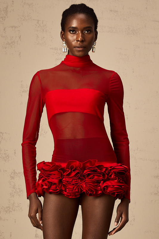 Red Zelie 3D Petal Semi-Sheer Tulle Mock Neck Mini Dress