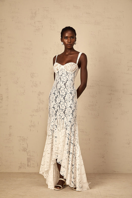 Elegant Abbie White Floral Lace Bustier Ruffled Maxi Dress