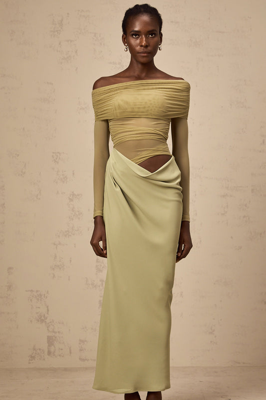 Estelle Green Off-Shoulder Ruched Semi-Sheer Tulle Midi Dress for Women