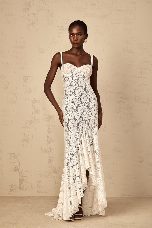 Elegant Abbie White Floral Lace Bustier Ruffled Maxi Dress