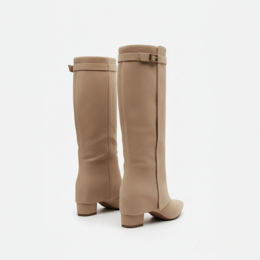 Handcrafted Beige Suede Shark Boots with Sculptural Metal Lock