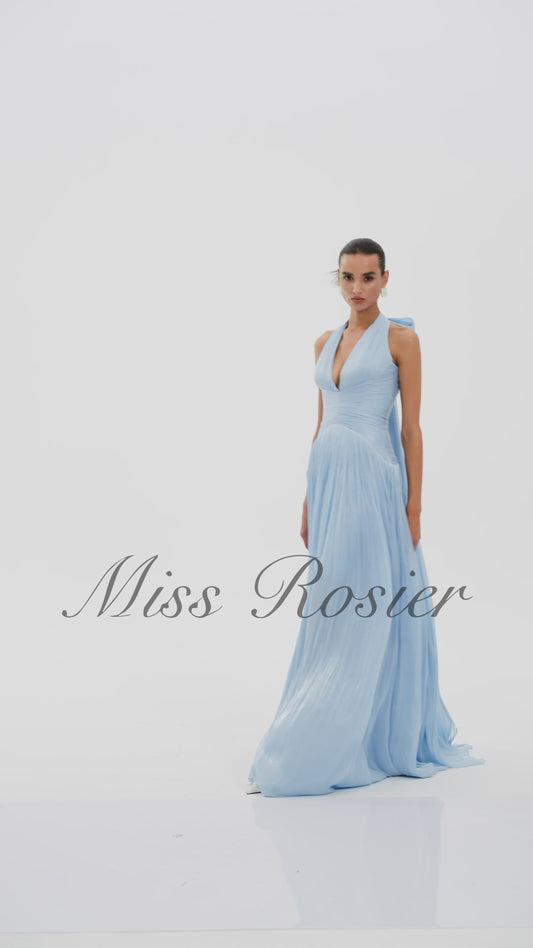 Elegant Térébenthine Blue Glossy Gathered Maxi Dress with Plunging V-Neck