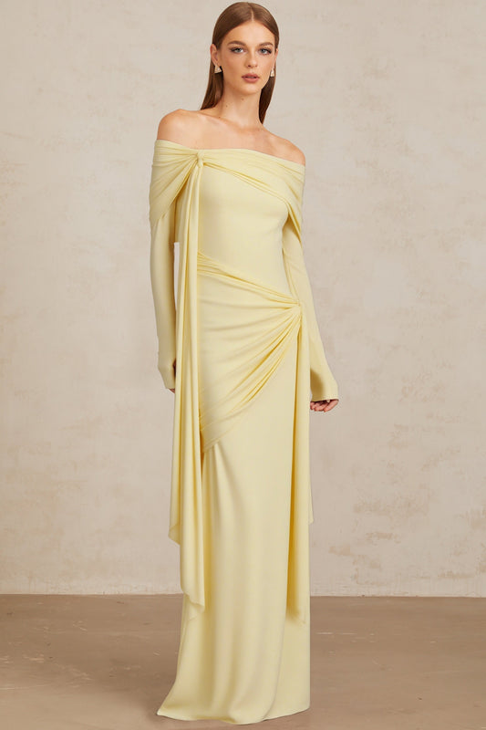 Elegant Light Yellow Off-Shoulder Asymmetrical Ruched Floor Length Gown