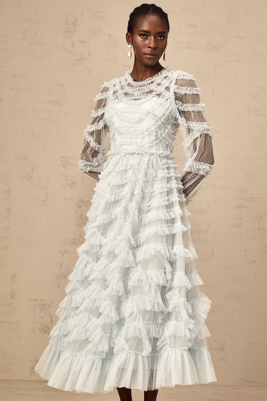 Blue Dot-Detail Ruffled Tulle Midi Dress with Semi-Sheer Sleeves