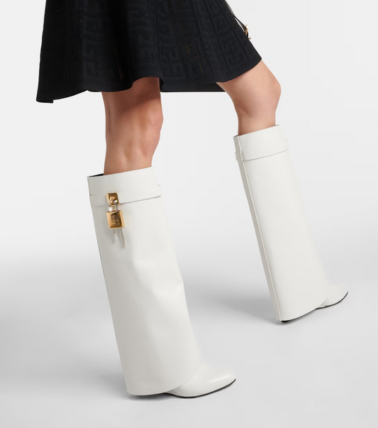 White Handcrafted Calf Leather Shark Boots with Sculptural Heel