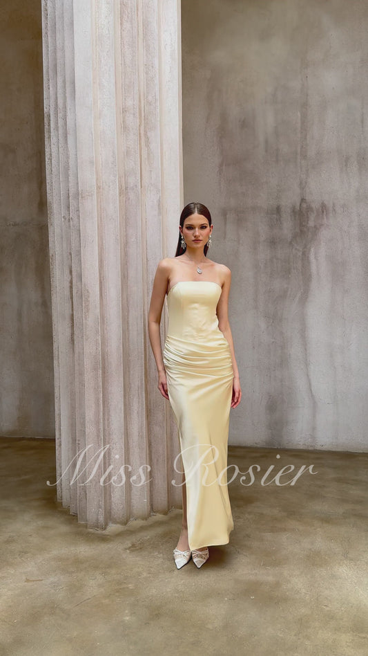 Elegant Yellow Ruched Satin Corset Maxi Dress with Slit