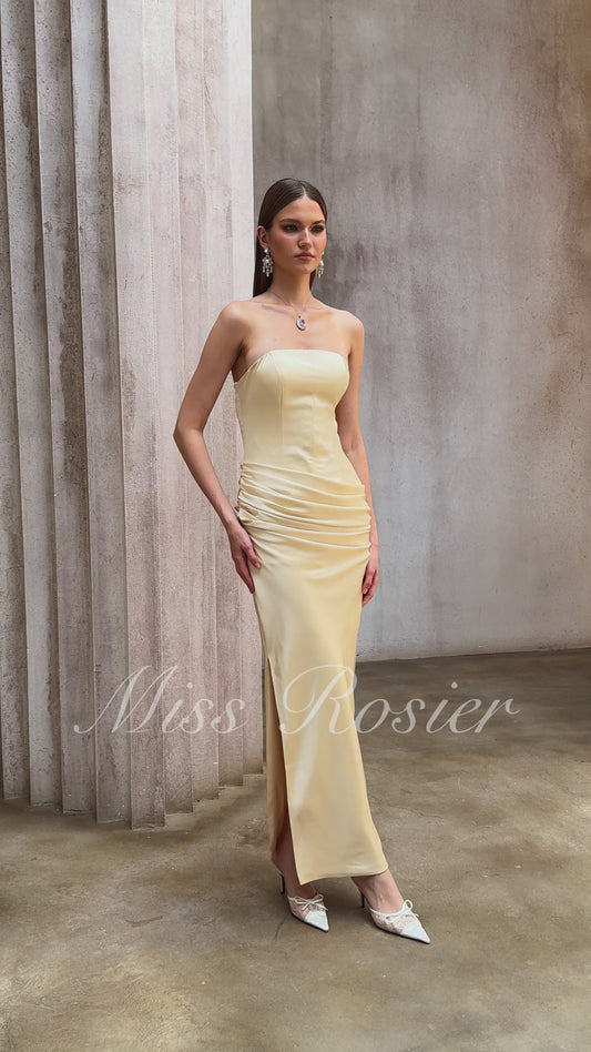 Elegant Yellow Ruched Satin Corset Maxi Dress with Slit