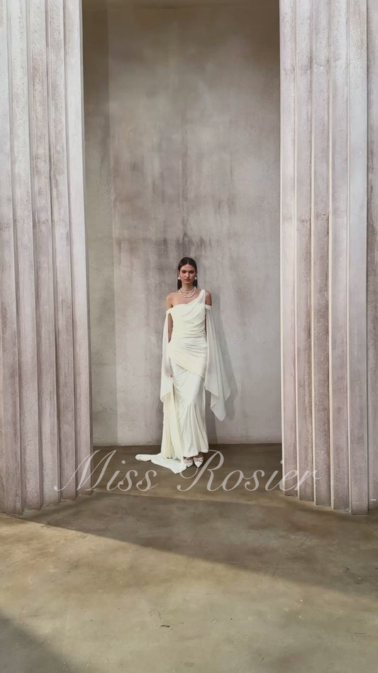 Aurianne White One Shoulder Asymmetrical Draped Ruched Maxi Dress