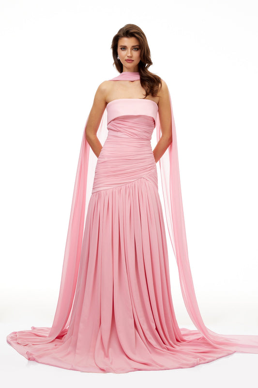 Elegant Laetitia Pink Off-Shoulder Pleated Maxi Dress With Train