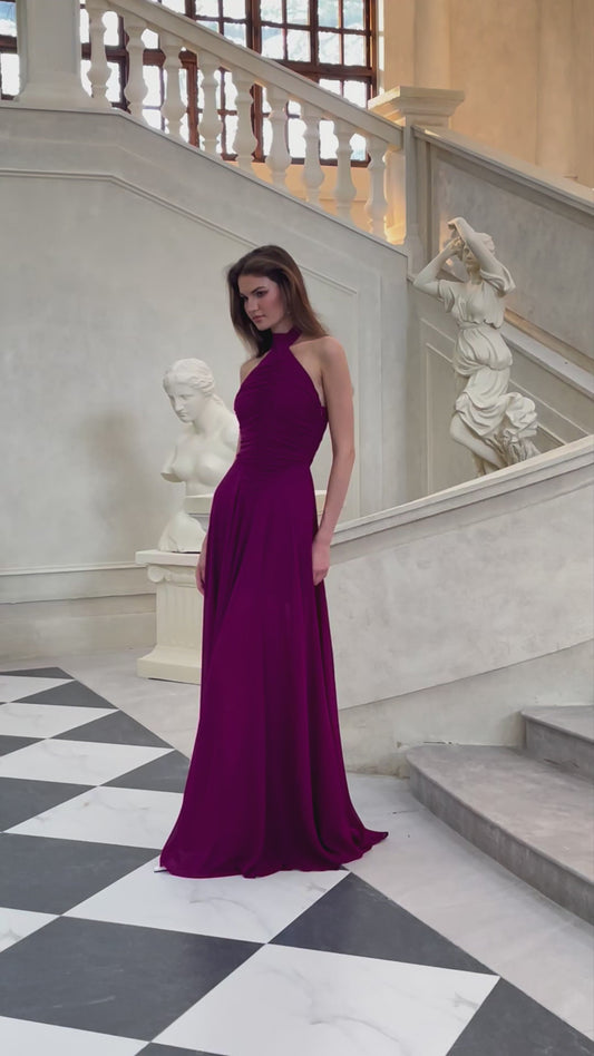Kerstin Purple Ruched Halter Maxi Dress with Flared Chiffon Skirt