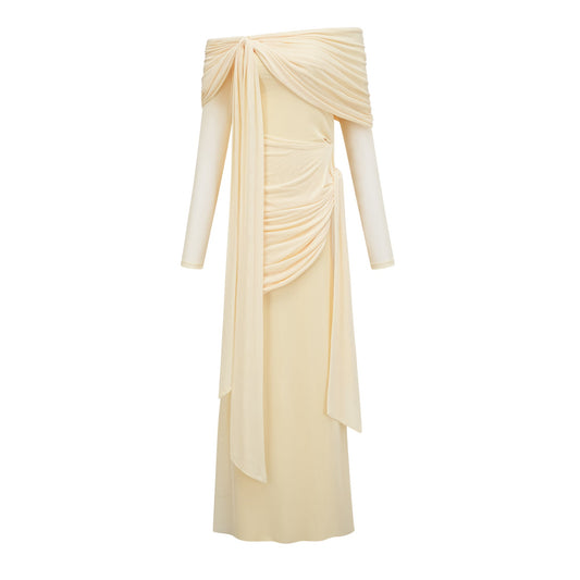Elegant Light Yellow Off-Shoulder Asymmetrical Ruched Floor Length Gown