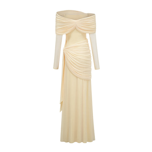 Elegant Light Yellow Off-Shoulder Asymmetrical Ruched Floor Length Gown