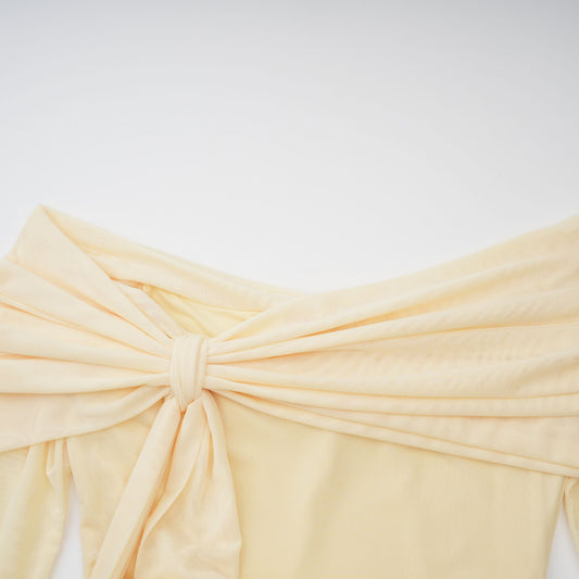 Elegant Light Yellow Off-Shoulder Asymmetrical Ruched Floor Length Gown