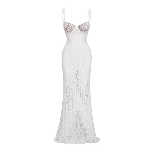Elegant Abbie White Floral Lace Bustier Ruffled Maxi Dress