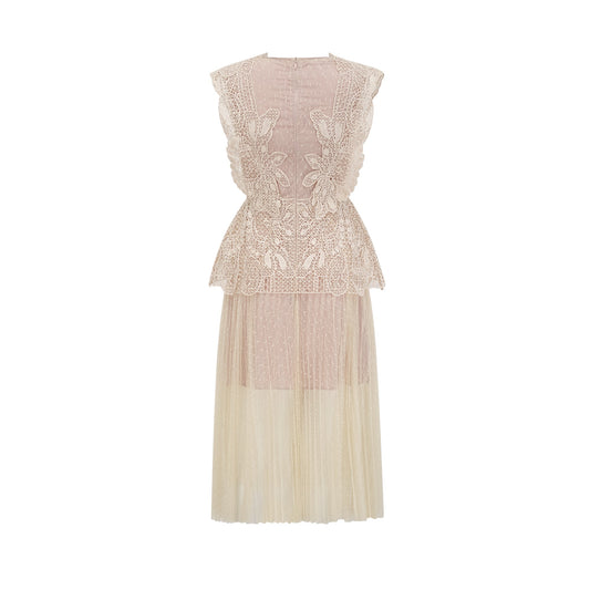 Amelier Rochas Céleste Floral Lace Panelling Tulle Midi Dress in Neutral