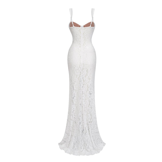 Elegant Abbie White Floral Lace Bustier Ruffled Maxi Dress
