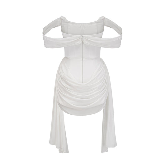 Gitta White Ribbon Ruched Mini Dress With Cowl Neck Shorts