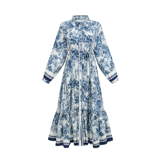 Adélaïde Blue Graphic Print Midi Dress With Belted Waist