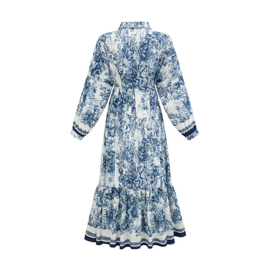 Adélaïde Blue Graphic Print Midi Dress With Belted Waist