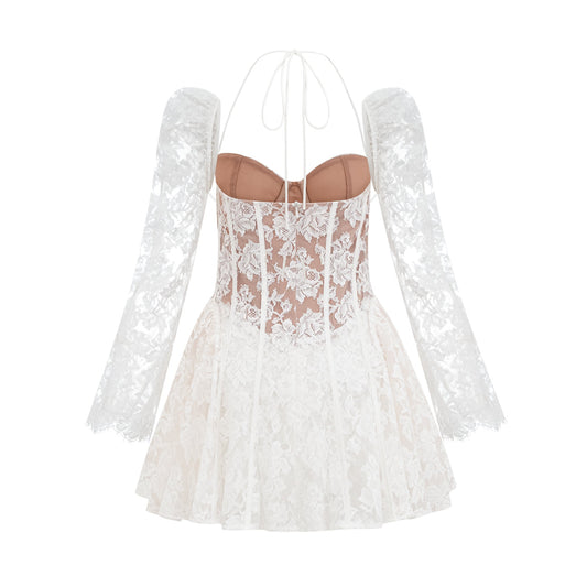 Vivienne White Floral Lace Corset Mini Dress with Detachable Sleeves