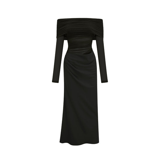 Estelle Black Off-Shoulder Semi-Sheer Ruched Midi Evening Dress