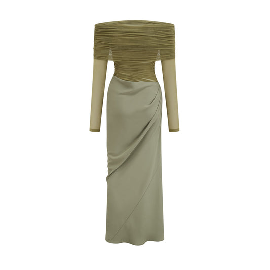 Estelle Green Off-Shoulder Ruched Semi-Sheer Tulle Midi Dress for Women