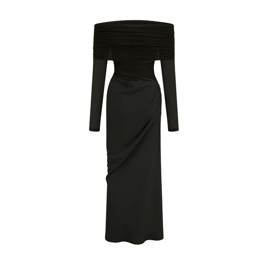 Estelle Black Off-Shoulder Semi-Sheer Ruched Midi Evening Dress