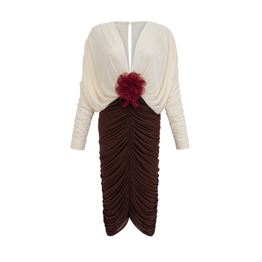 Léontine Color-Blocked Ruched Midi Dress with Floral Brooch