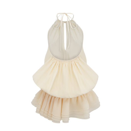 Bérénice White Halterneck Faux-Pearl Tiered Mini Dress