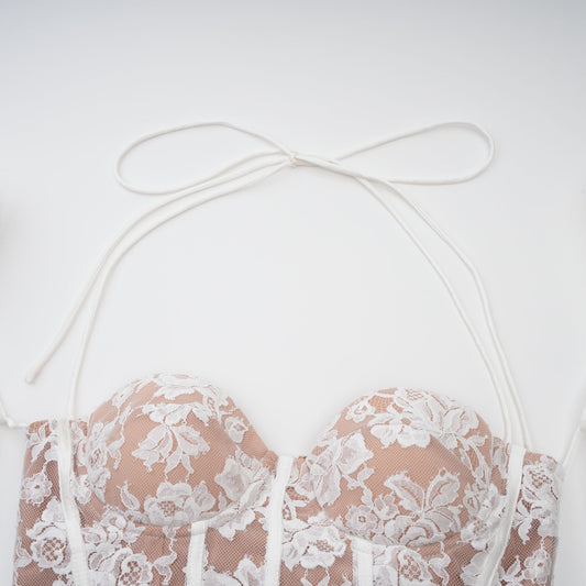 Vivienne White Floral Lace Corset Mini Dress with Detachable Sleeves