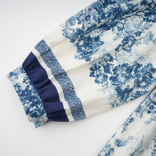 Adélaïde Blue Graphic Print Midi Dress With Belted Waist