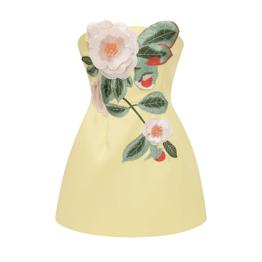 Abigail Yellow Floral Embroidered Off Shoulder A-Line Mini Dress