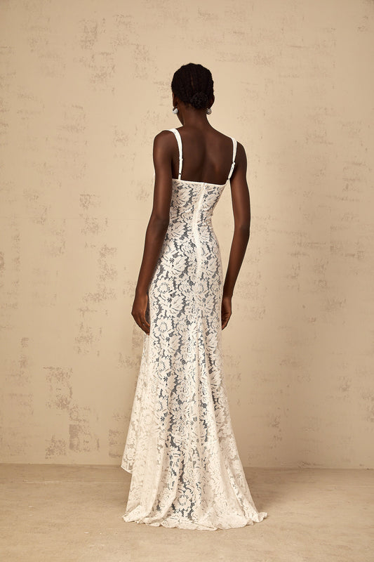 Elegant Abbie White Floral Lace Bustier Ruffled Maxi Dress