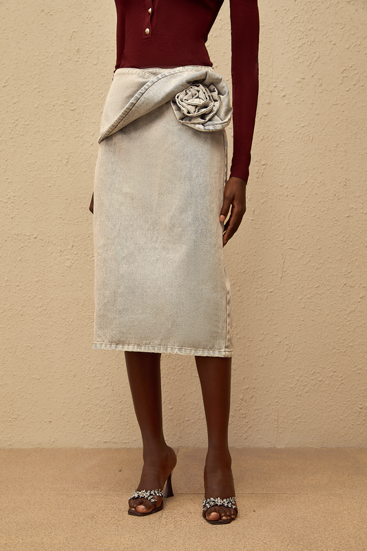 Zélie Blue Floral Appliqué Cotton Denim Midi Skirt