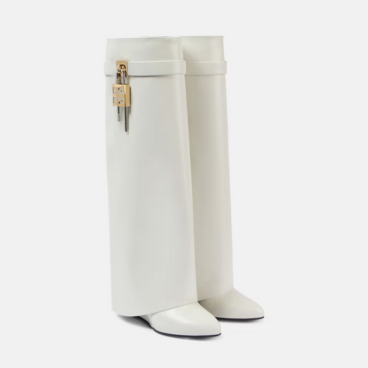 White Handcrafted Calf Leather Shark Boots with Sculptural Heel