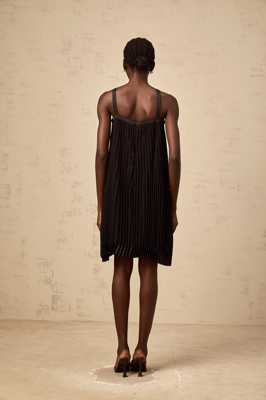 Zelda Black Bowknot Pleated Mini Dress with Halterneck Detail