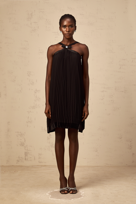 Zelda Black Bowknot Pleated Mini Dress with Halterneck Detail