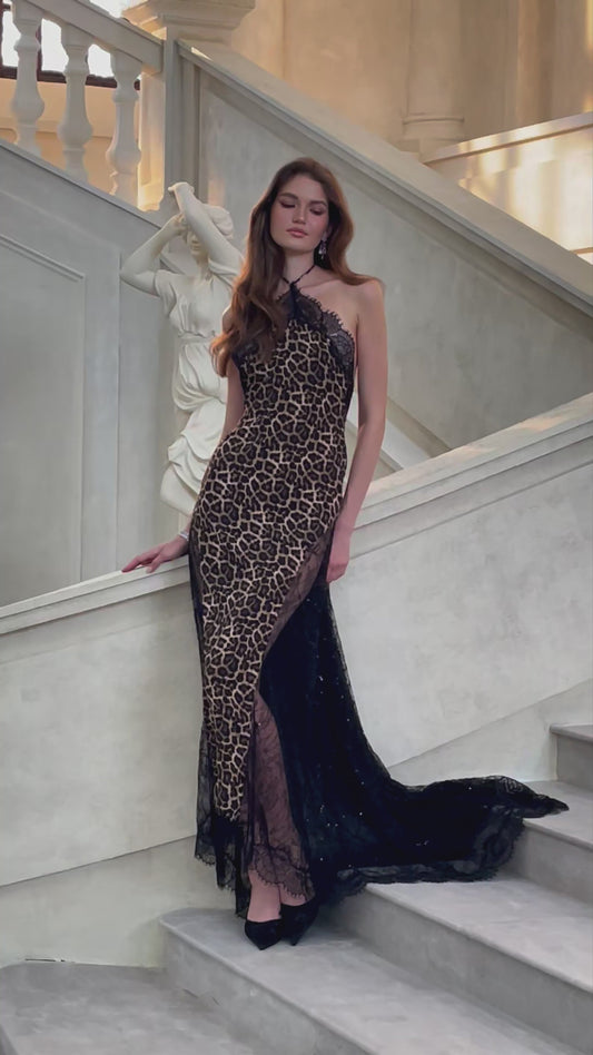 Alizée Brown Leopard Print Maxi Dress with Floral Lace Panelling